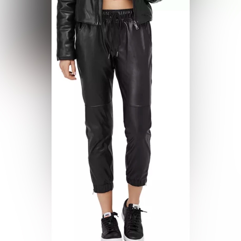 DAVID LERNER BLACK FAUX LEATHER ELASTIC WAIST JOGGER PANTS SZ XS